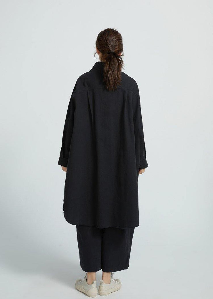 Bohemian Big Pockets Cotton Spring Wardrobes Sewing Black Shirt Dress - SooLinen