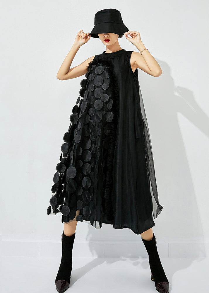 Bohemian Khaki-Black Dot Asymmetrical Patchwork Wrinkled Tulle Maxi Dress Sleeveless
