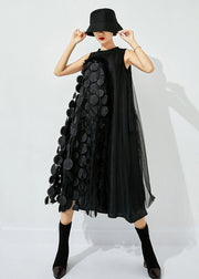 Bohemian Red-Black Dot Asymmetrical Patchwork Wrinkled Tulle Maxi Dress Sleeveless