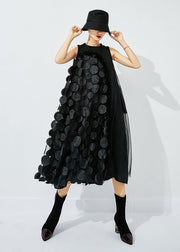Bohemian Yellow-Black Dot Asymmetrical Patchwork Wrinkled Tulle Maxi Dress Sleeveless