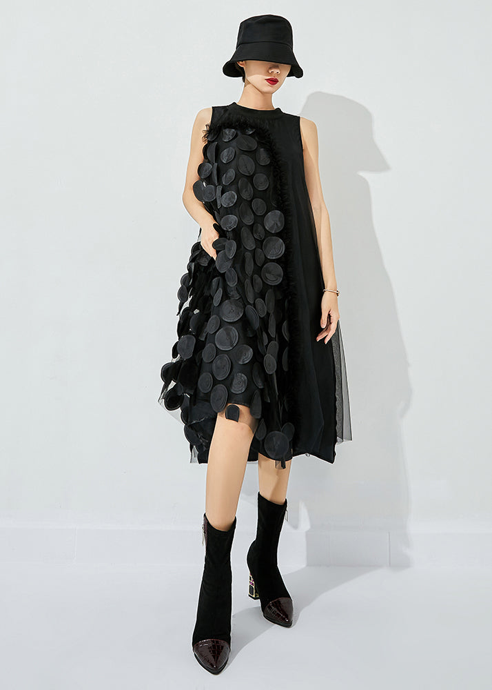 Bohemian Red-Black Dot Asymmetrical Patchwork Wrinkled Tulle Maxi Dress Sleeveless