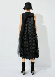 Bohemian Tea Green-Black Dot Asymmetrical Patchwork Wrinkled Tulle Maxi Dress Sleeveless