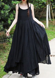 Bohemian Black Asymmetrical Design Cotton Spaghetti Strap Dress Summer