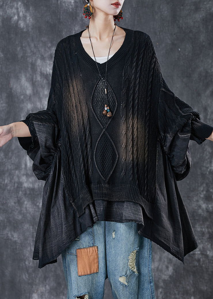 Bohemian Black Asymmetrical Oversized Patchwork Knit Tops Spring