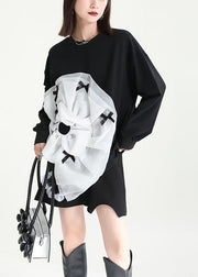 Bohemian Black Asymmetrical Patchwork Tulle Applique Cotton Sweatshirts Dress Fall
