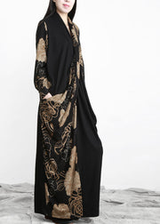 Bohemian Black Bule Asymmetrical Design Pockets Cotton Dress Long Sleeve