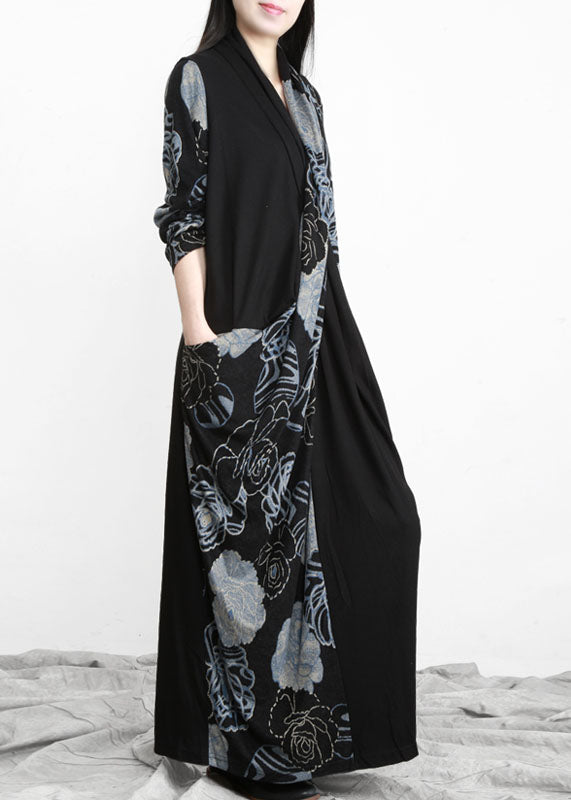 Bohemian Black Bule Asymmetrical Design Pockets Cotton Dress Long Sleeve