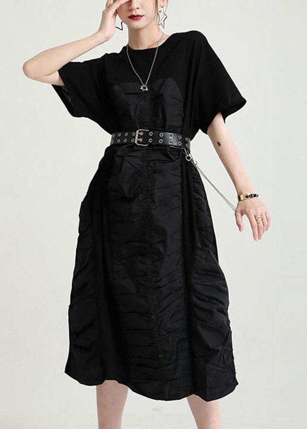 Bohemian Black Cinched O-Neck Patchwork Summer Button Dresses - SooLinen