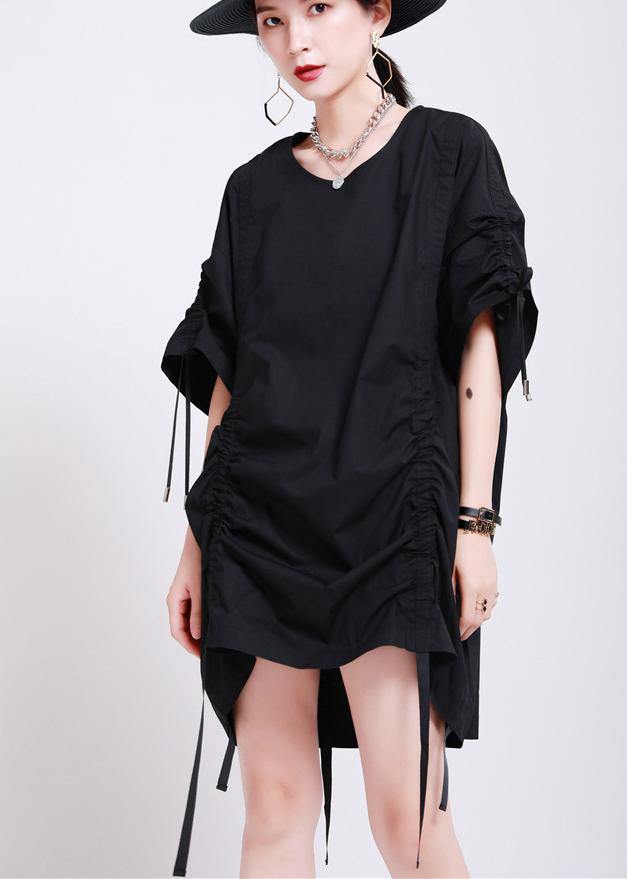 Bohemian Black Cinched Summer Cotton Dress - SooLinen