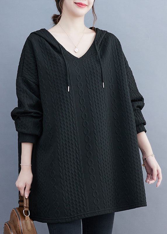 Bohemian Black Drawstring Hooded Sweatshirt Long Sleeve