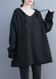 Bohemian Black Drawstring Hooded Sweatshirt Long Sleeve