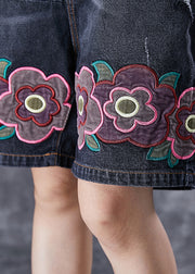 Bohemian Black Elastic Waist Embroidered Floral Denim Shorts Summer