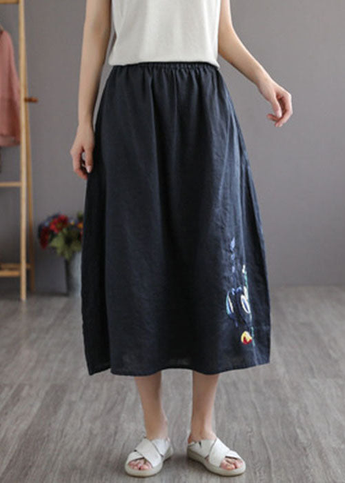 Bohemian Black Elastic Waist Embroidered Linen A Line Skirts Spring