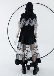 Bohemian Black Elastic Waist Hollow Out Tulle Patchwork Cotton A Line Skirts Summer