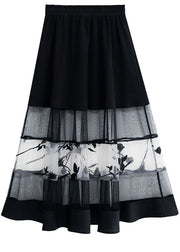 Böhmische schwarze elastische Taille aushöhlen Tüll Patchwork Baumwolle A-Linie Röcke Sommer