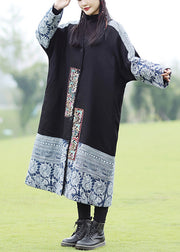 Bohemian Black Embroidered Patchwork Fine Cotton Filled Coat Spring