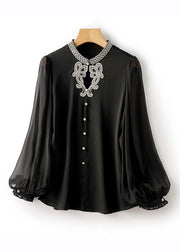 Bohemian Black Embroidered Button Silk Shirts Long Sleeve