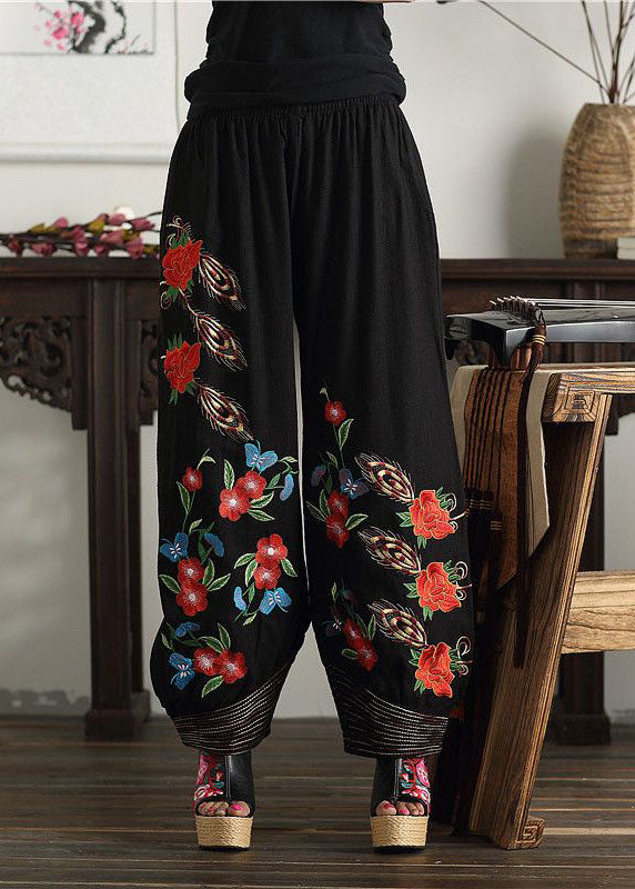 Bohemian Black Embroidered Elastic Waist Pockets Cotton Lantern Pants Spring