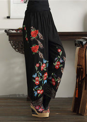 Bohemian Black Embroidered Elastic Waist Pockets Cotton Lantern Pants Spring