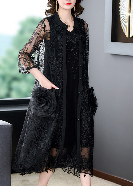 Bohemian Black Embroidered Floral Tulle Long Coats Half Sleeve