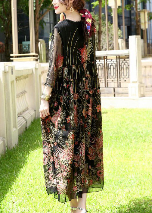 Bohemian Black Embroidered Lace Up Silk A Line Dresses Summer