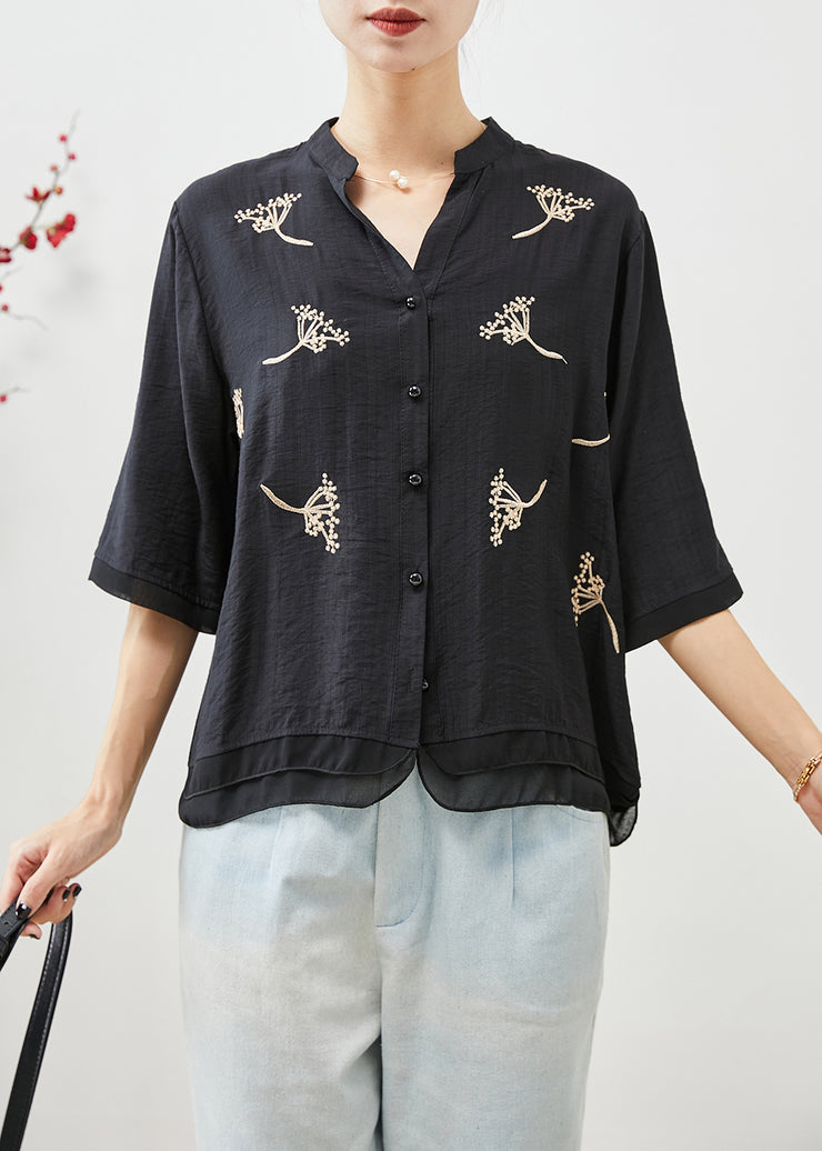 Bohemian Black Embroidered Patchwork Linen Shirt Top Half Sleeve