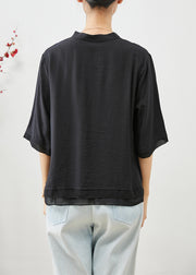 Bohemian Black Embroidered Patchwork Linen Shirt Top Half Sleeve