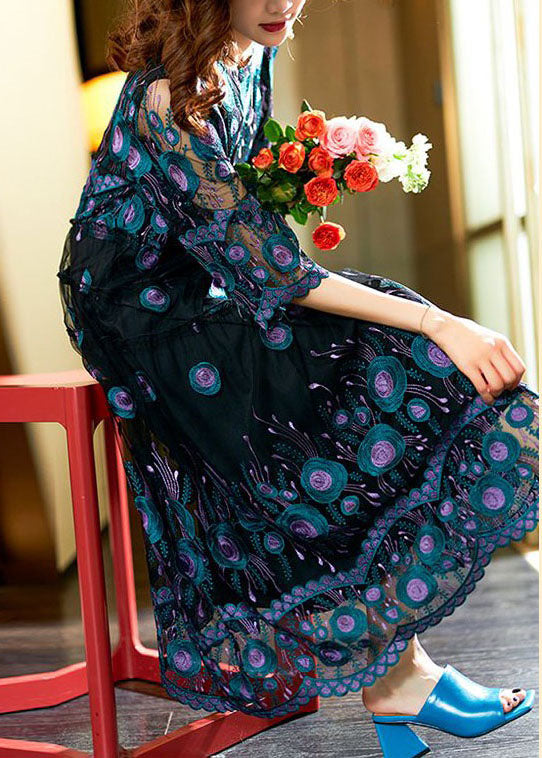 Bohemian Black Embroidered Patchwork Long Chiffon Dress Summer