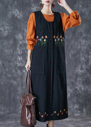 Bohemian Black Embroidered Pockets Cotton Two Pieces Set Spring