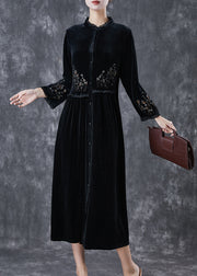 Bohemian Black Embroidered Ruffled Silk Velour Dress Spring
