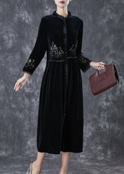 Bohemian Black Embroidered Ruffled Silk Velour Dress Spring