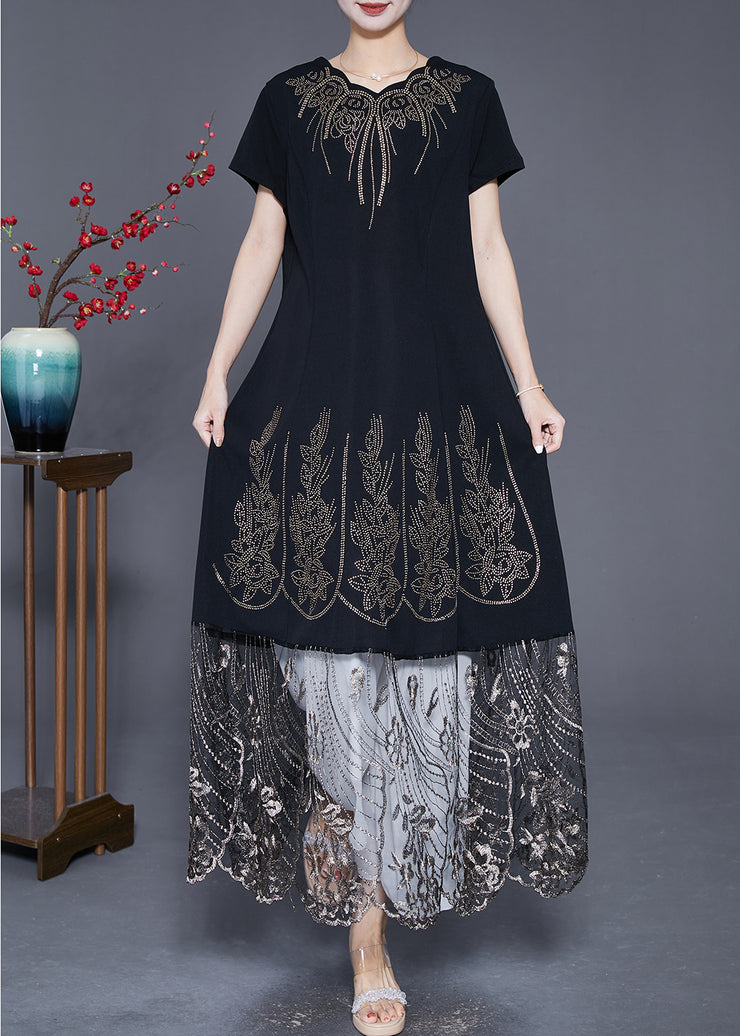 Bohemian Black Embroidered Tulle Patchwork Zircon Cotton Dress Summer
