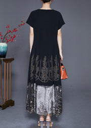 Bohemian Black Embroidered Tulle Patchwork Zircon Cotton Dress Summer