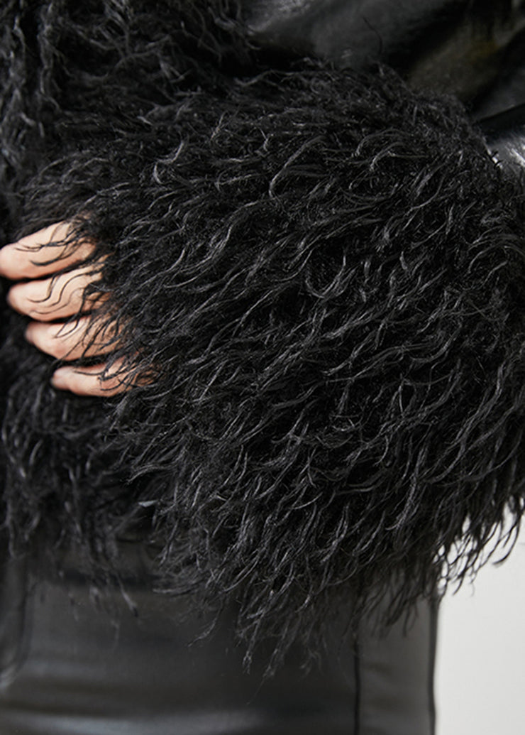 Bohemian Black Fur Collar Patchwork Faux Leather Coat Winter