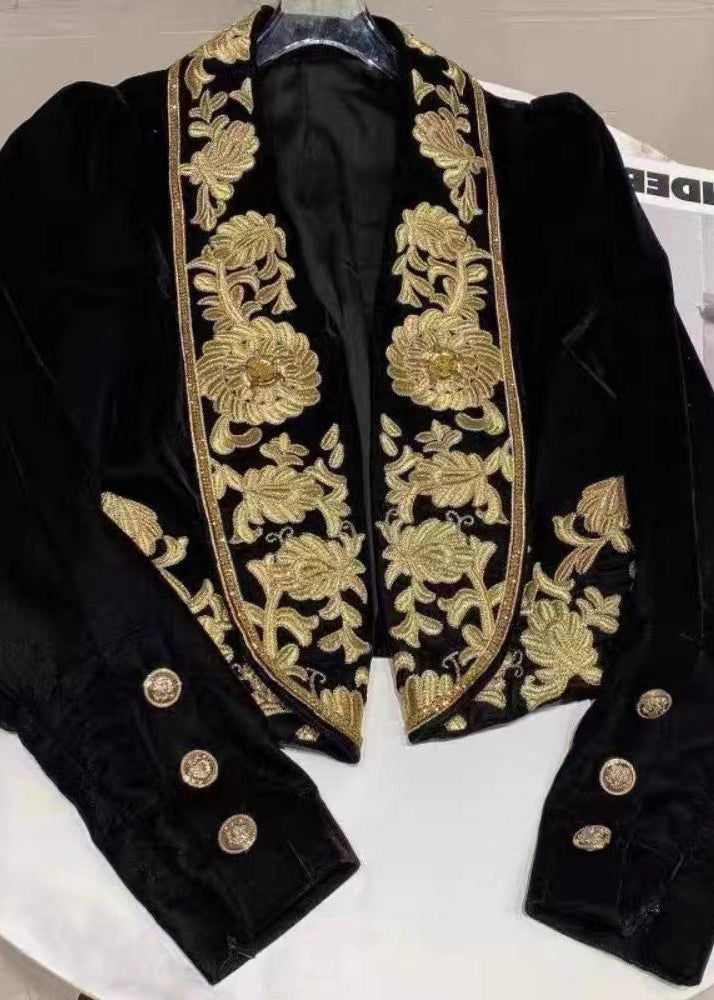 Bohemian Black Handmade Embroideried Velour Coats Spring