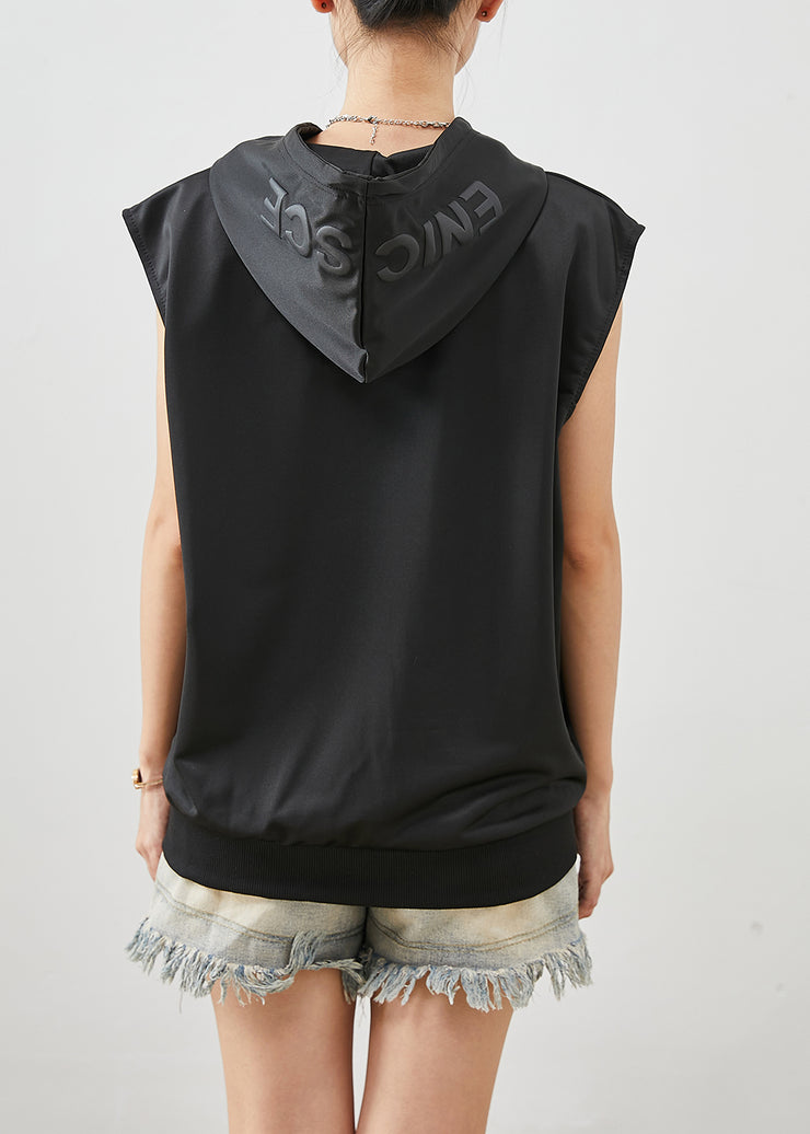 Bohemian Black Hooded Drawstring Cotton Vest Fall