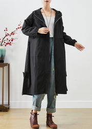 Bohemian Black Hooded Patchwork Pockets Spandex Coat Outwear Fall