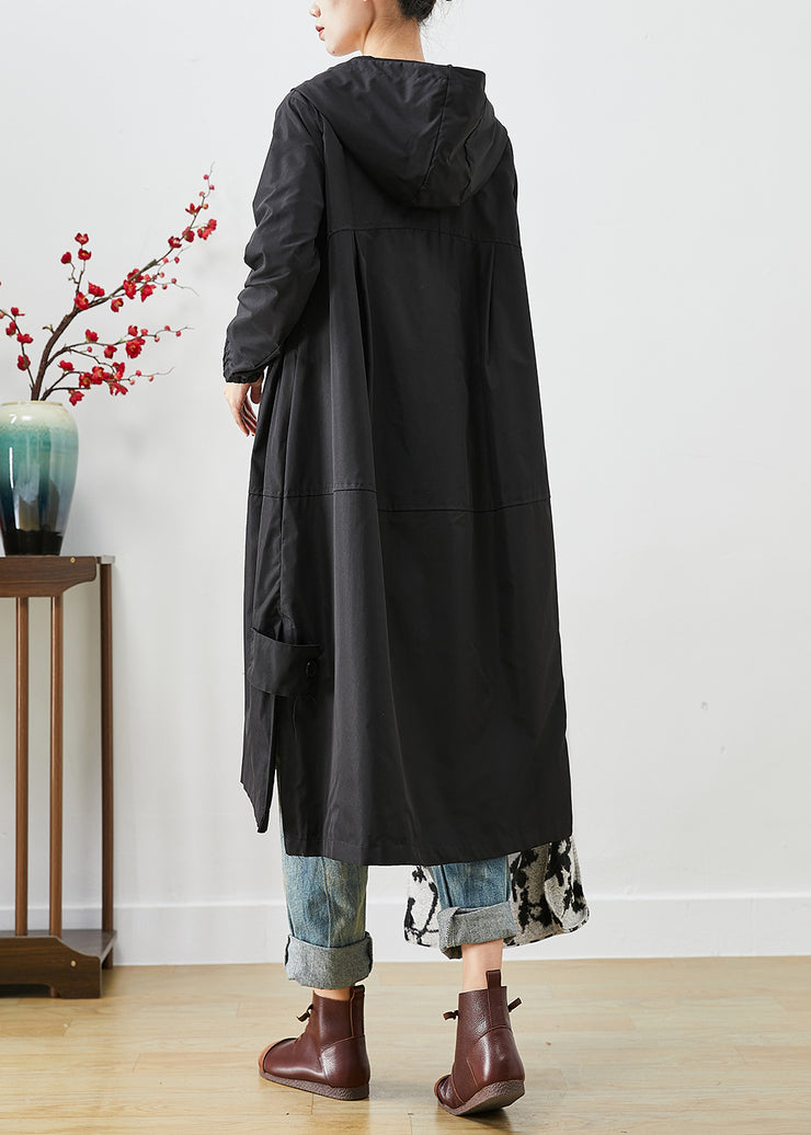 Bohemian Black Hooded Patchwork Pockets Spandex Coat Outwear Fall