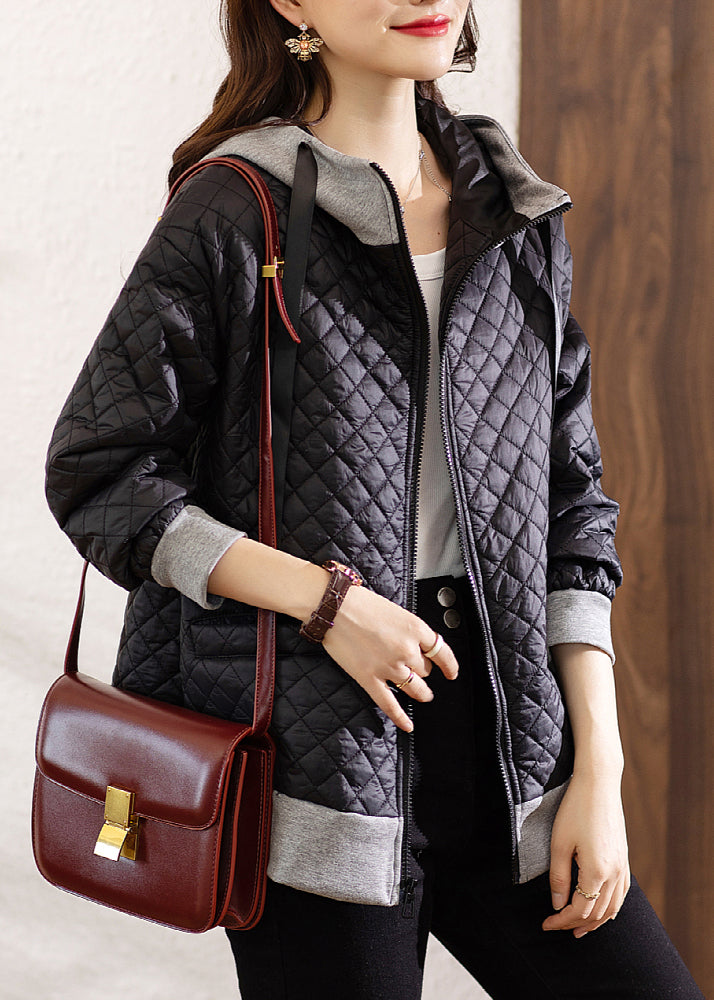 Bohemian Black Hooded Zippered Patchwork Cotton Coat Winter
