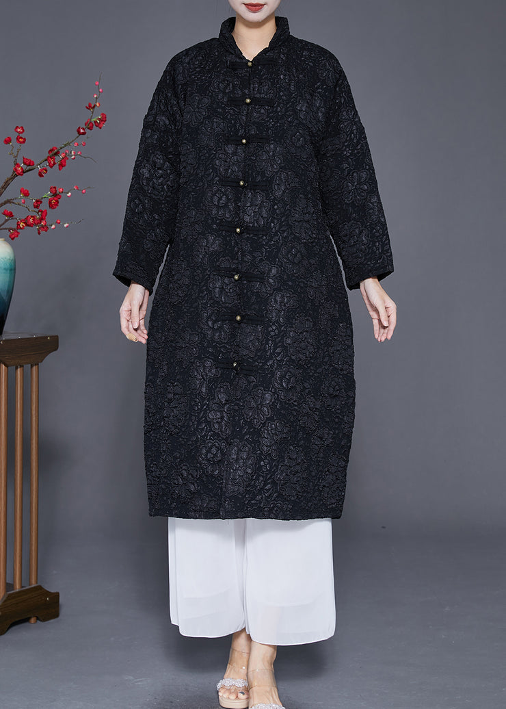 Bohemian Black Jacquard Chinese Button Fine Cotton Filled Parka Jacket Winter
