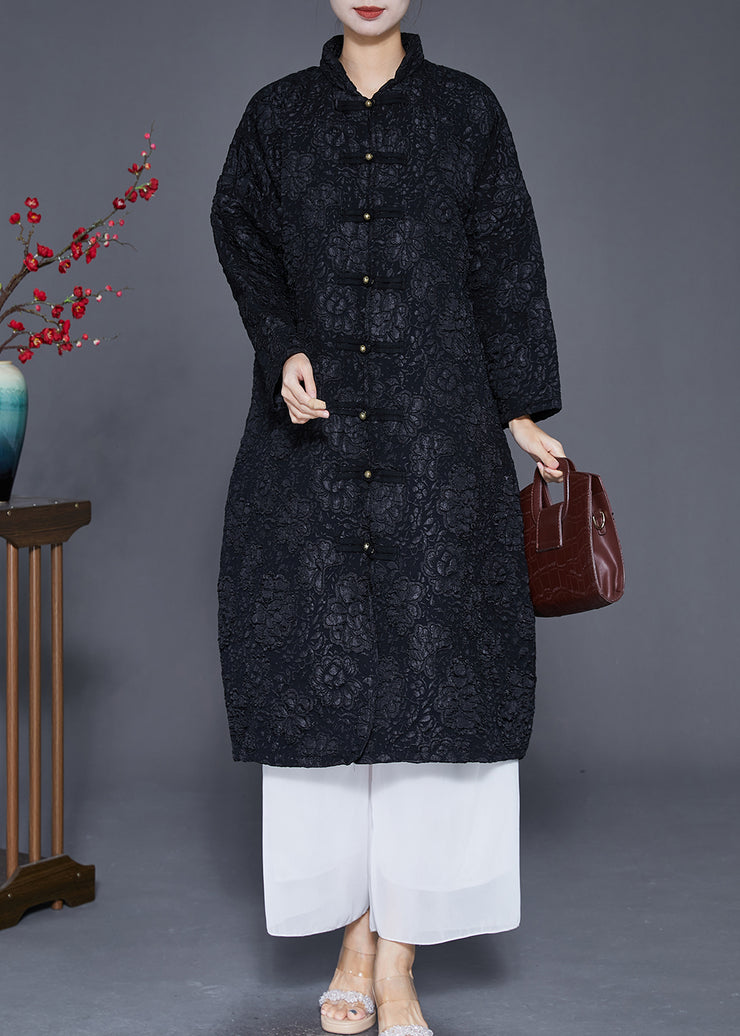 Bohemian Black Jacquard Chinese Button Fine Cotton Filled Parka Jacket Winter