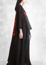 Bohemian Black O-Neck Asymmetrischer Blumendruck Lange Kleider Ärmel mit drei Vierteln