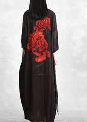 Bohemian Black O-Neck Asymmetrical Floral Print Long Dresses Three Quarter sleeve