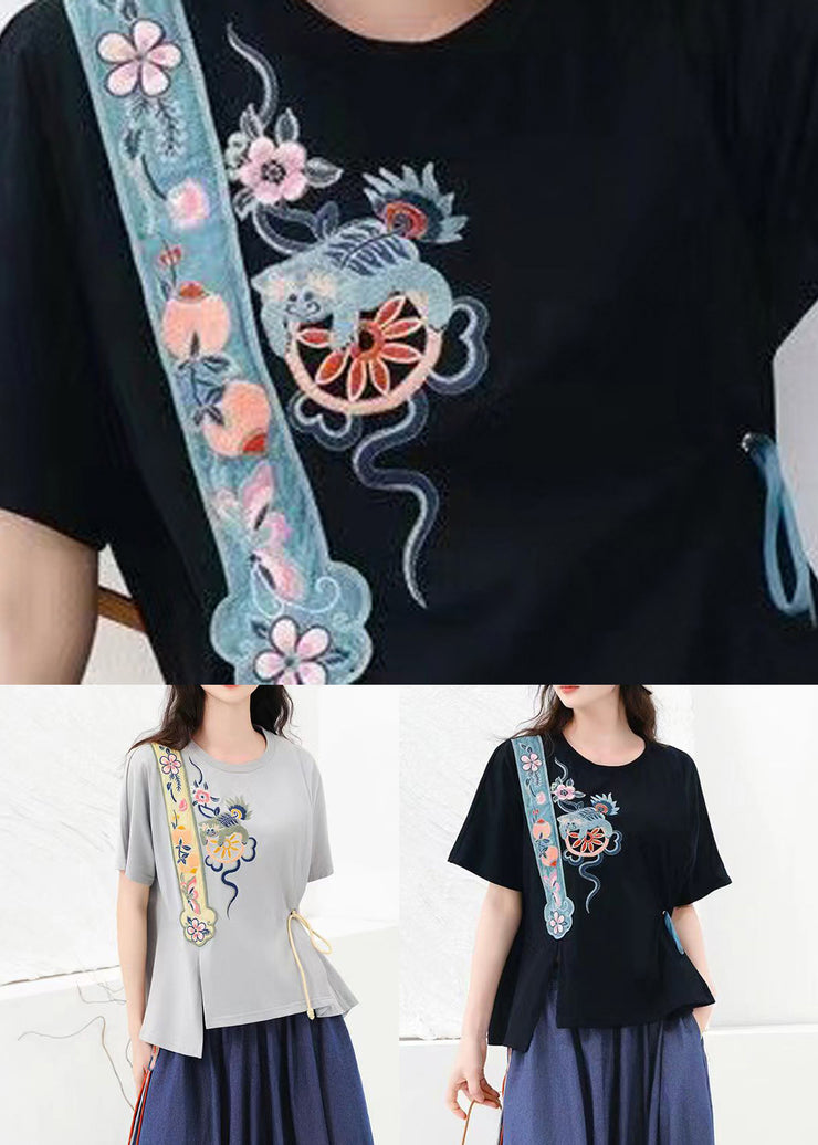 Bohemian Black O Neck Embroideried Cotton T Shirt Top Summer