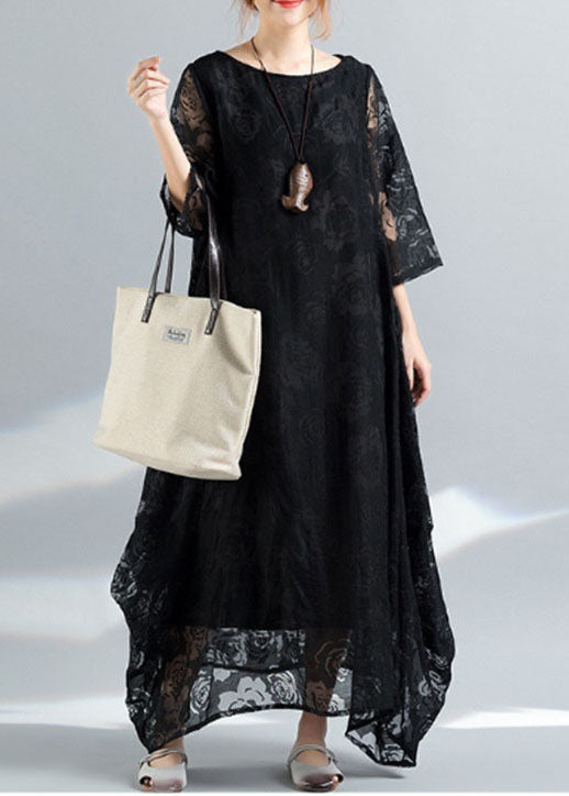 Bohemian Black O-Neck Embroidered Lace Long Dress Bracelet Sleeve