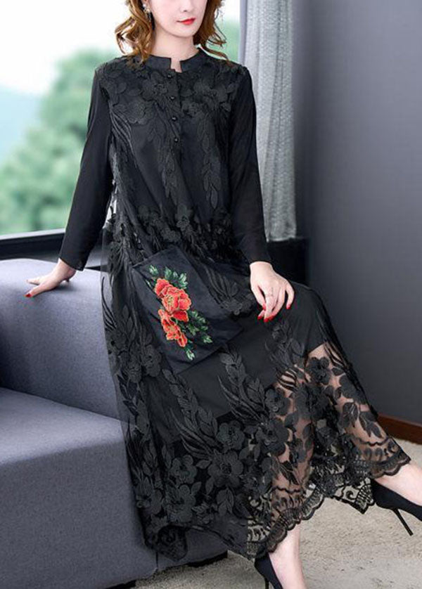 Bohemian Black O-Neck Embroidered Tulle Long Dresses Spring
