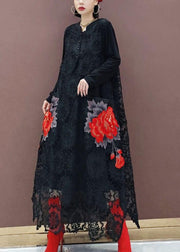 Bohemian Black O-Neck Lace Print Dress Fall - SooLinen
