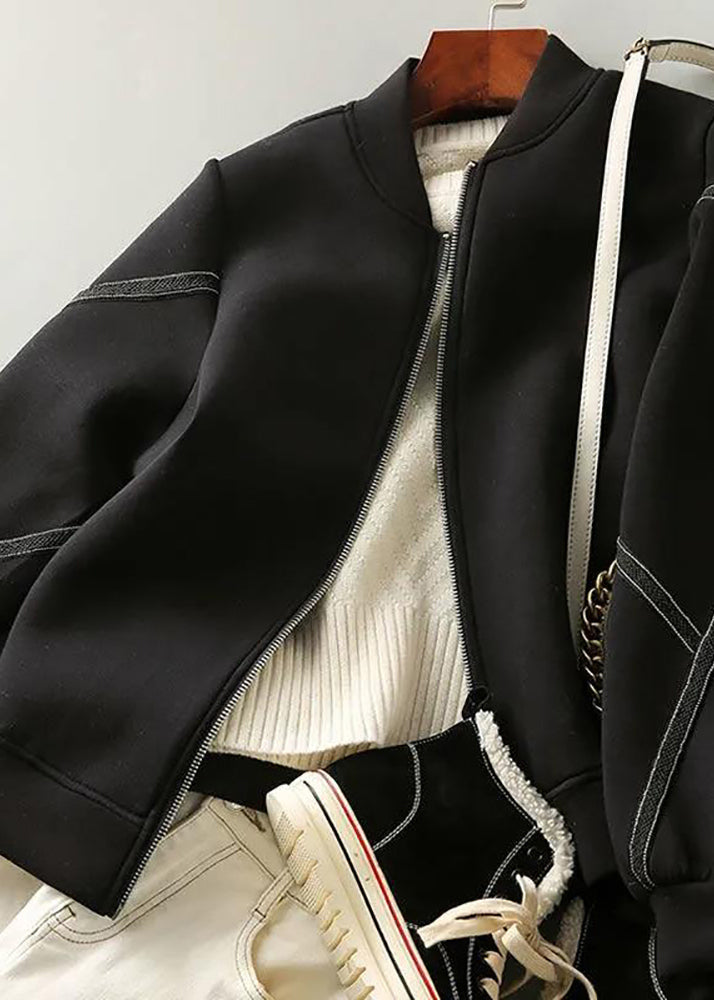 Bohemian Black O-Neck Patchwork Zippered Jackets Long Sleeve