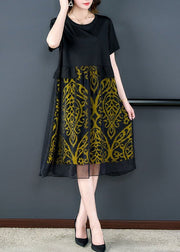Bohemian Black O Neck Print Wrinkled Patchwork Silk Dresses Summer