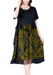 Bohemian Black O Neck Print Wrinkled Patchwork Silk Dresses Summer